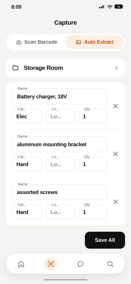 The Capture screen listing each object from the photo as its own row